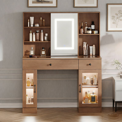 Vanity Desk with Mirror and Lights Glass Top Vanity Desk with Sliding Mirror Makeup Dressing Table with Storage Drawers and Glass Cabinets Wood