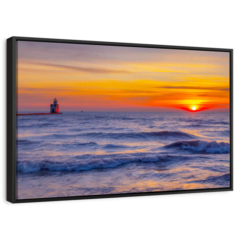 Phare sur le lac Michigan, Cadre flottant noir, 31 po x 21 po