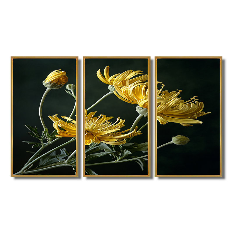 Fleurs jaunes «Forsythia Close Up» - ensemble de reproductions d'art mural floral, Cadre flottant doré