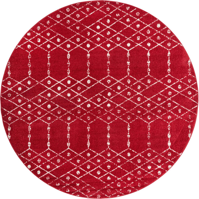 Tapis abstrait en polypropylène tissé à la machine rose framboise Brissa, Rond 7 pi 10 po