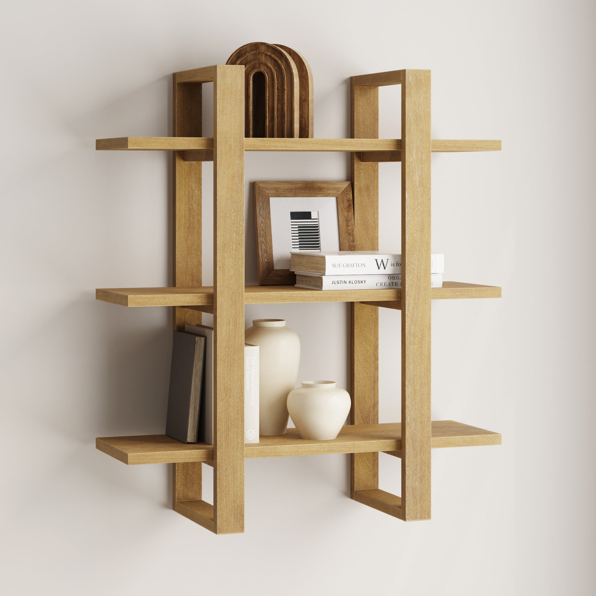 Solid Wood Floating Shelf with Adjustable Shelves, Light Brown