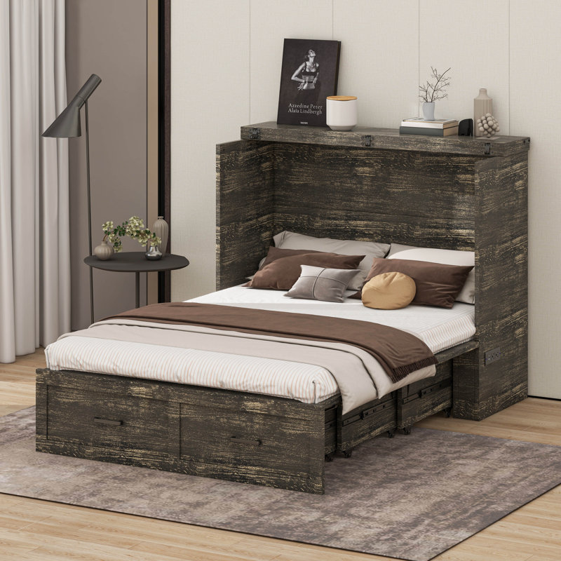 Armoire de lit escamotable pleine grandeur Murphy avec station de charge, 1 grand tiroir, Gris rustique