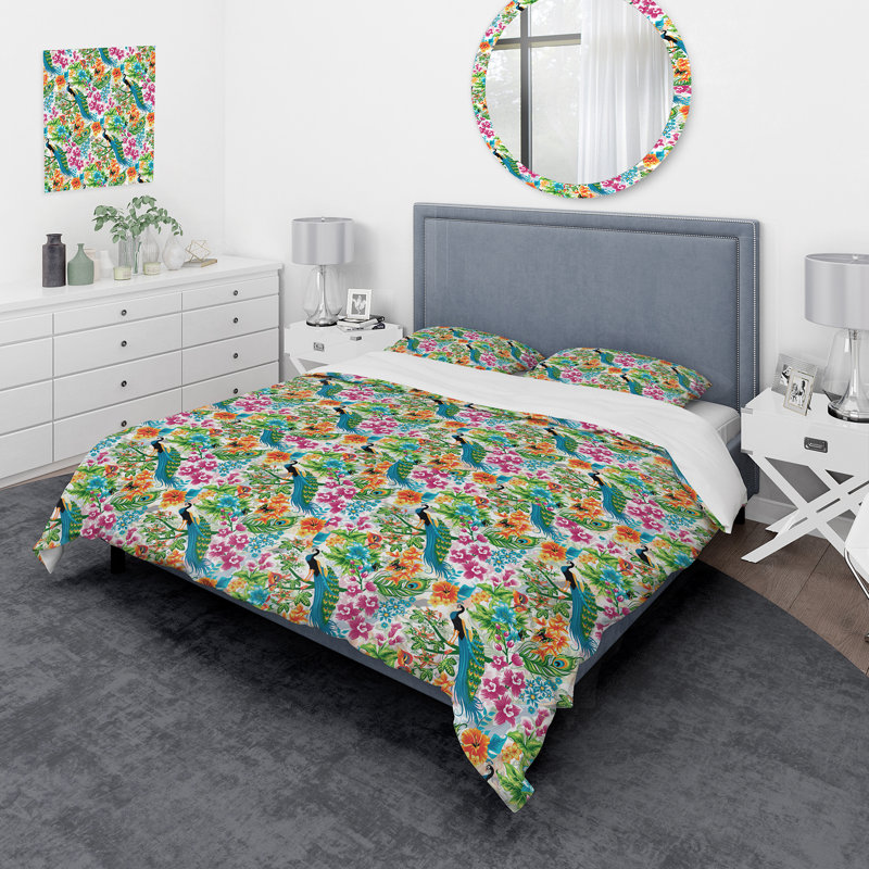 Paons bleus et feuillage vert - ensemble de housse de couette tropical - polyester en microfibre