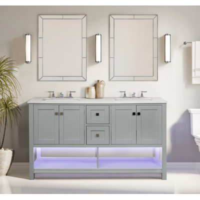 Meuble-lavabo double 64 po avec lumières DEL activées par le mouvement Akaysha 