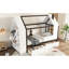 Lit plateforme simple en bois massif avec tiroirs et tablettes, blanc et chambre à coucher confortable et imaginative en bois, espace douillet organisé