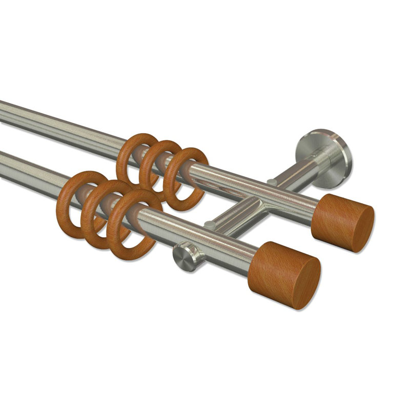 Bedwell 1.6cm Double Curtain Pole, 5cm H x 280cm W x 15cm D, Stainless Steel/Cherrywood Lacquered