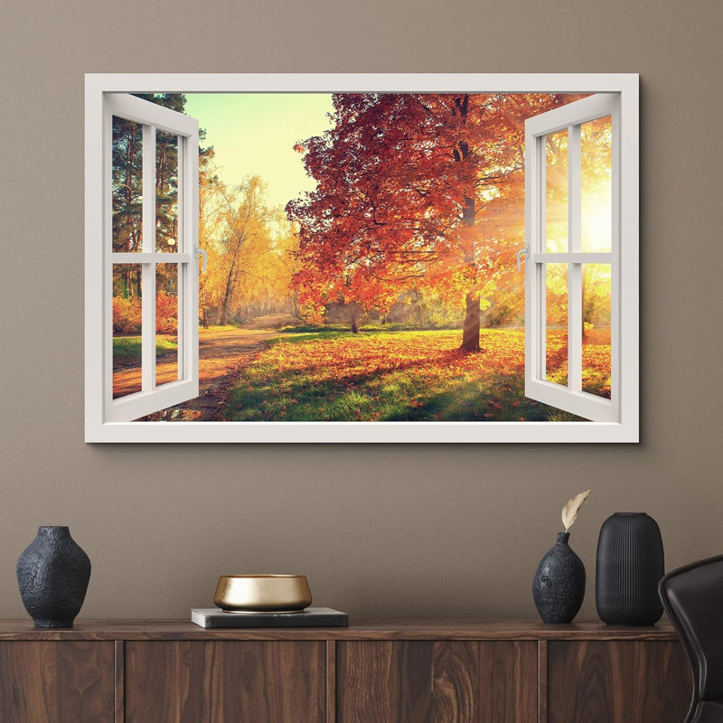 Fenêtre de paysage «Window View Orange Autumn Fall Forest Tree Park Nature Scenic Landscape» sur toile, H 24 po x l 36 po