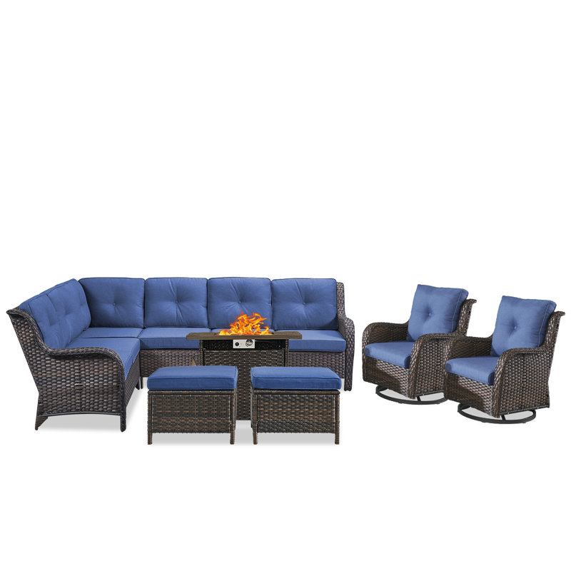 Ensemble de conversation pour patio pour 7 personnes Carolina Wicker avec coussins et foyer, Bleu, Brun