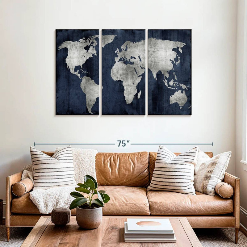 Aliaz The World - Argent sur bleu, H 36 po x l 57 po