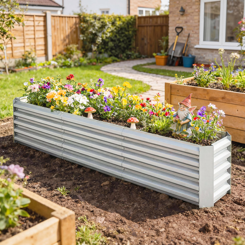 Jardin surélevé galvanisé 8 x 1,3 x 1,5 pi, fond ouvert, argent, 17,7 po H x 94,5 po L x 15,7 po P, Argent argent