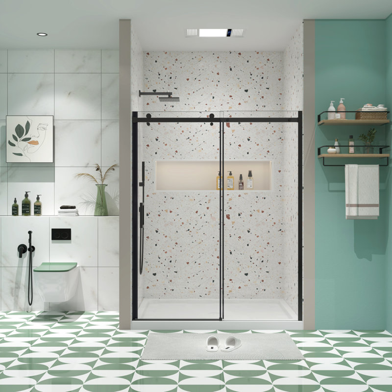 Porte de douche coulissante pour salle de bain, verre trempé transparent 5/16 po, cadre en verre noir mat - trempé, fonction de fuite