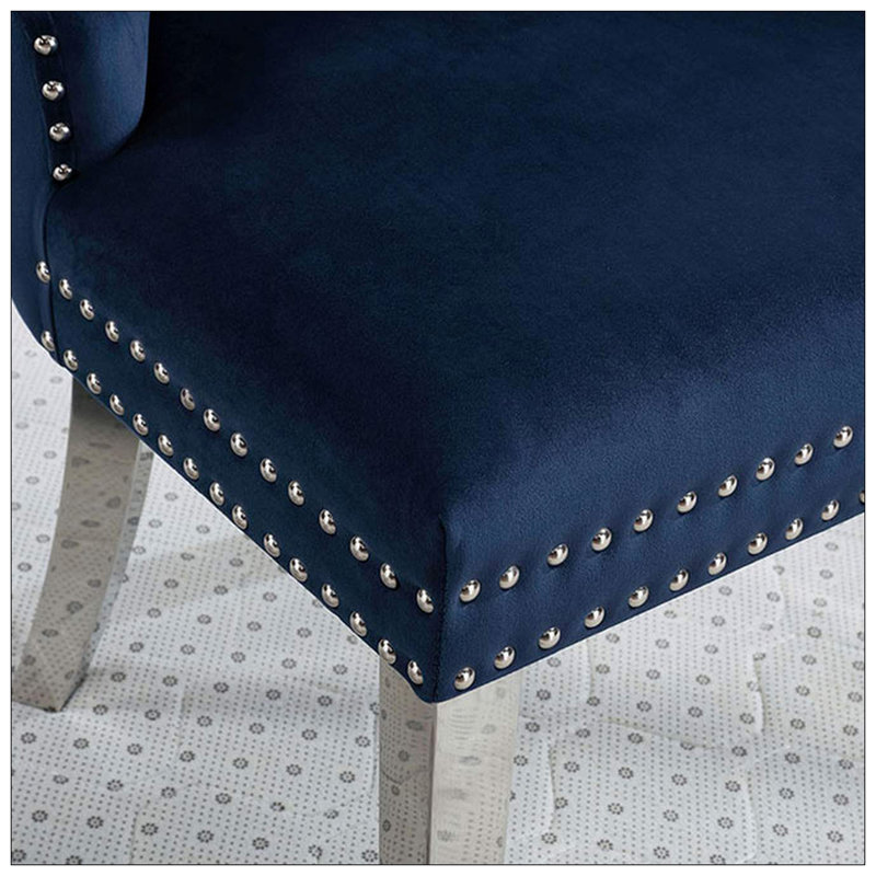 Ensemble de 2 chaises de salle à manger à oreilles avec dossier capitonné, pieds chromés et tissu de flanelle en bleu