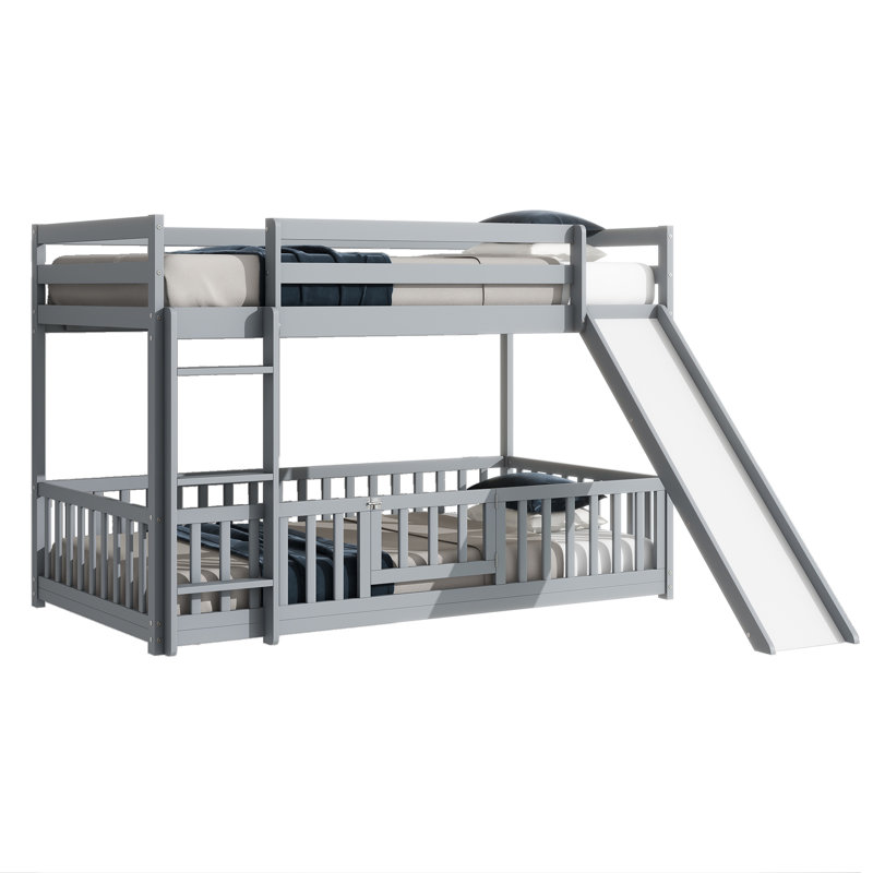 Twin Over Twin Floor Bunk Bed With Slide, Ladder, Door, Safety Guardrails, Solid Pine Wood Bunk Bed ,Grey, Gris