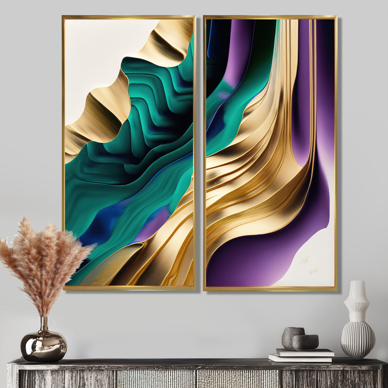 Impression sur toile abstraite mauve, verte et dorée III, H 20 po x l 24 po, Reproduction encadrée sans passe-partout, Doré