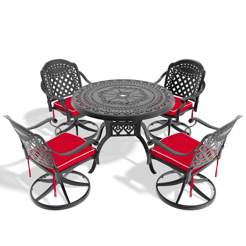 L'ensemble de salle à manger toutes saisons en fonte d'aluminium comprend 4 chaises pivotantes et une table ronde de 39,37 po avec structure noire (même référence: W1710S00306)