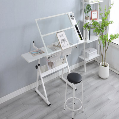 White Adjustable Tempered Glass Drafting Printing Table With Chair
