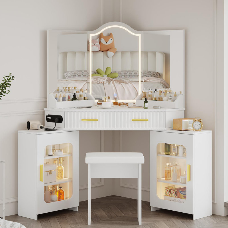 Modern Corner Vanity Set with Lighted Mirror and Outlets, Fluted Makeup Vanity Desk with Large Storage Cabinets, White