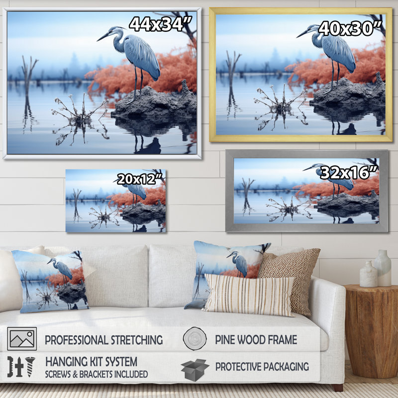 Heron Silent Waters Blue - Animals Wall Decor, Toile tendue, H 12 po x l 20 po x P 1 po