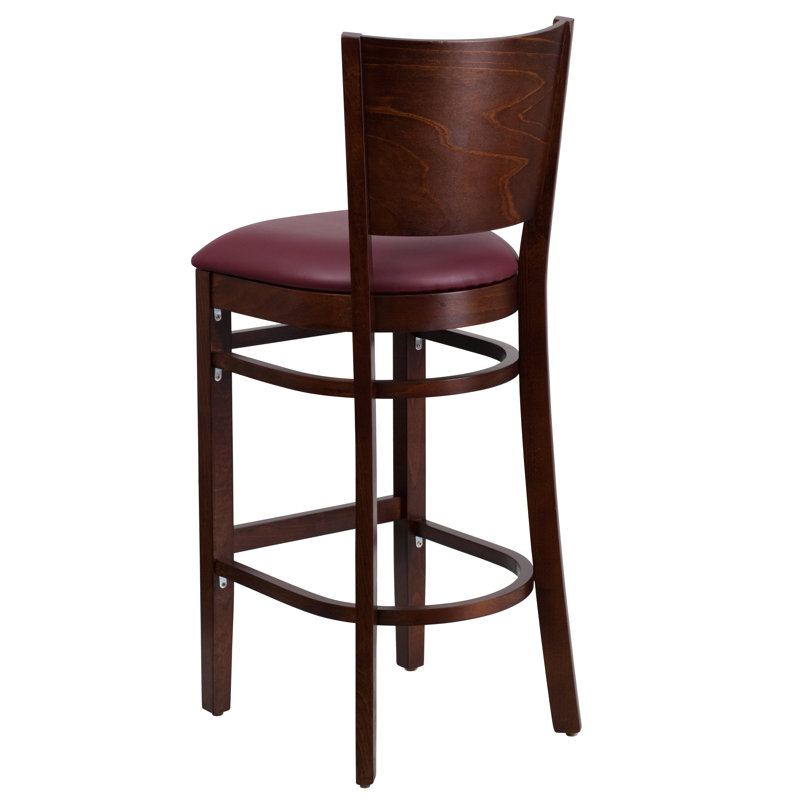 Claridge Solid Back Wooden Restaurant Barstool, Vinyl-Burgundy, Walnut, 1