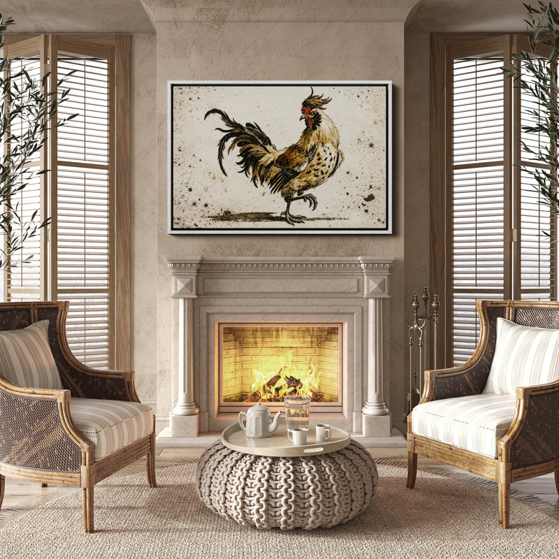 Illustration de coq expressif avec personnage de ferme rustique, impression encadrée, H 16 po x l 24 po, Blanc