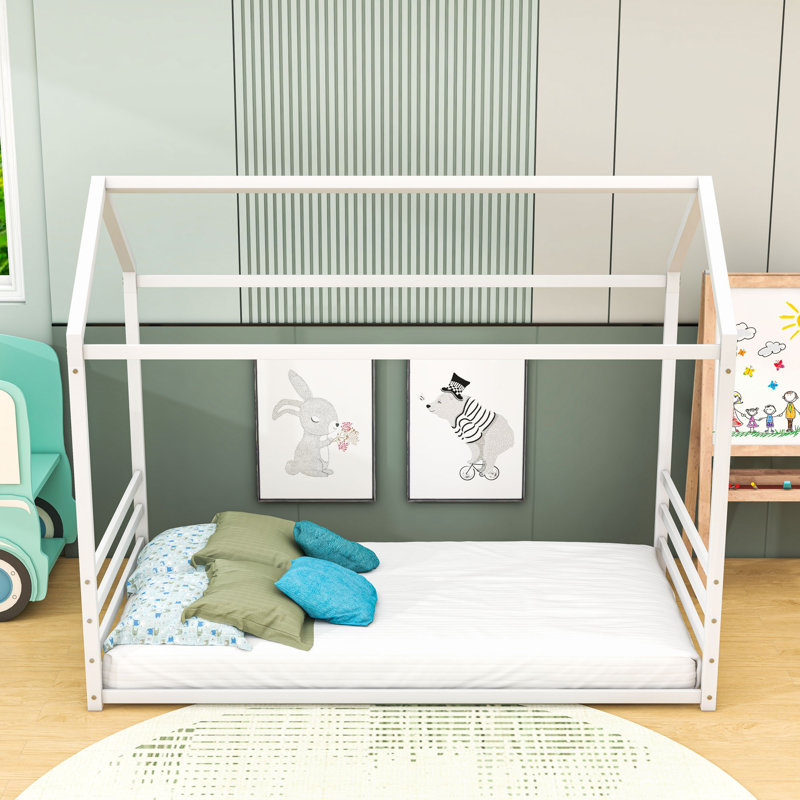 Metal Floor Bed With Guardrails, Twin, White