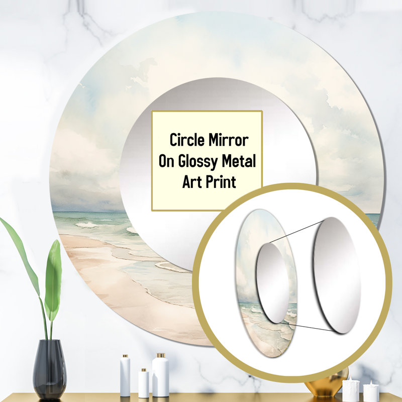 Soft Color Beach Horizon IV - Coastal Wall Mirror, Coastal Round Decorative Mirror, Printed Metal Art, 23" x 23"