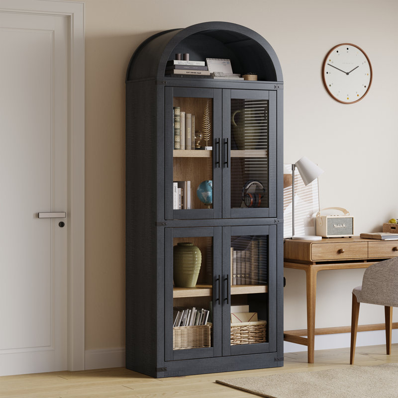 71" Modern Arched Bookcase with 4 Glass Doors – 5-Tier Freestanding Storage, Open Shelves, Anti-Tip for Living Room, Bedroom (Black)