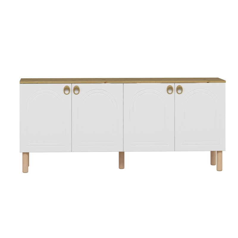Modern Console Table, White, 70.9 x 31.9 x 17.7 inches | 100% Melamine Coated Particle Board, Thickness: 0.7 inches | Membrane Coated MDF Doors, Wooden Legs, Numerous Shelves, Wall-Mountable, Scandinavian Design