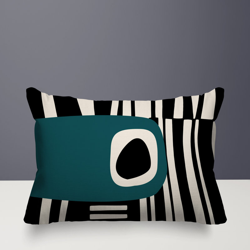 Oreiller rectangulaire réversible intérieur / extérieur Jina, Émeraude / noir / blanc cassé, H 14 po x l 20 po
