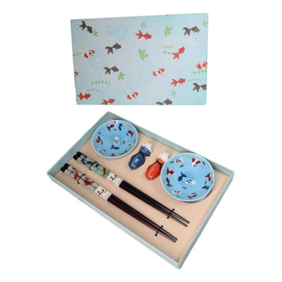 Goldfish Kingyo Pastel Blue Sauce Dishes Chopsticks And Rests Sushi Set For 2