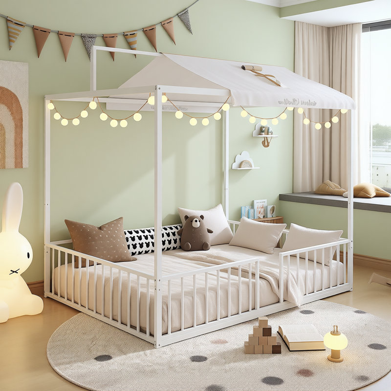3-in-1 Convertible Montessori Metal Floor Bed with Fence, Toddler to Teen Canopy Platform Bed, Easy Assembly