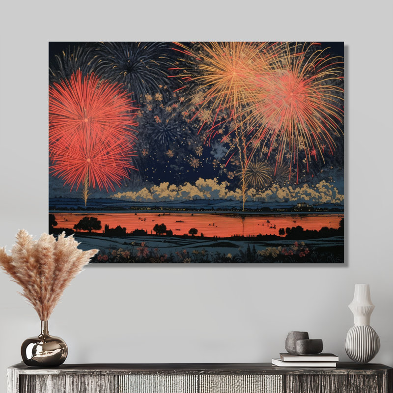 Feux d'artifice du Nouvel An au-dessus du pays rétro, Toile tendue, H 24 po x l 32 po x P 1 po