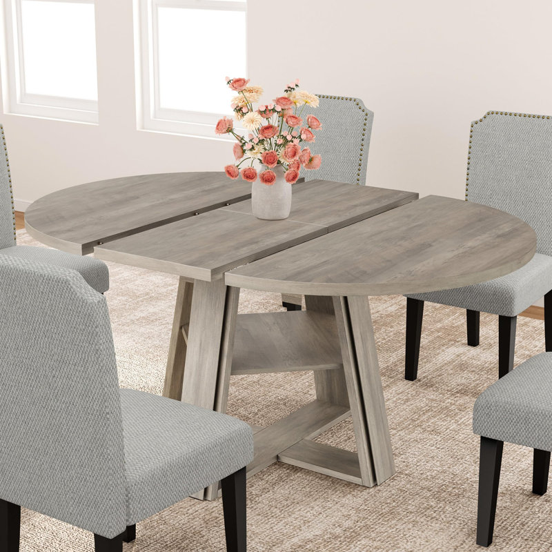 Table de salle à manger extensible ronde à ovale, piètement en bois avec tablette de rangement, Gris