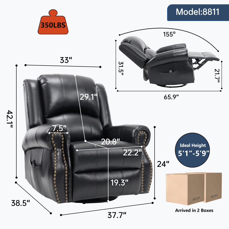 Heat Massage Manual Recliner Chair With Rocker And Swivel In Fabric For Living Room, Black