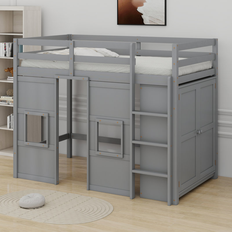 Lit mezzanine multifonctionnel avec garde-robe de rangement intégré et 2 fenêtres, Gris