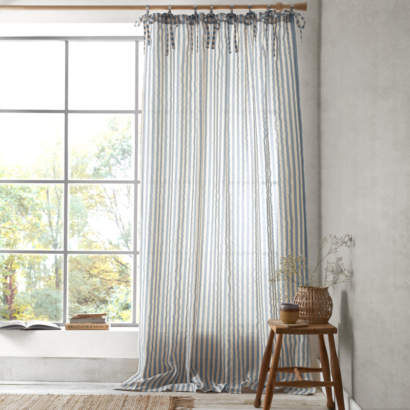 Zanzibar Woven Stripe Voile Curtain Panel Cotton Blend Sheer Tab Top Single Curtain Panel, Blue, 139.7cm Width x 183cm Drop