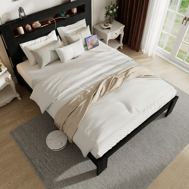 Lit plateforme en bois avec tête de lit à DEL, ports USB et rangement sous le lit, Lit double, Noir