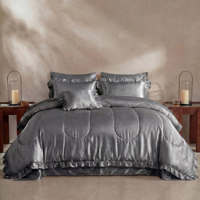 Ensemble d'édredon en satin pour lit très grand 8 pièces Satin Like Grey
