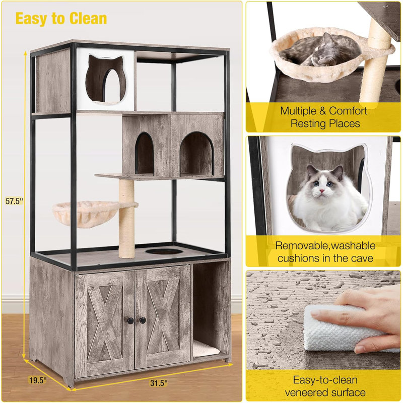Gray Wooden 3-Story Cat Condo with Litter Box Enclosure