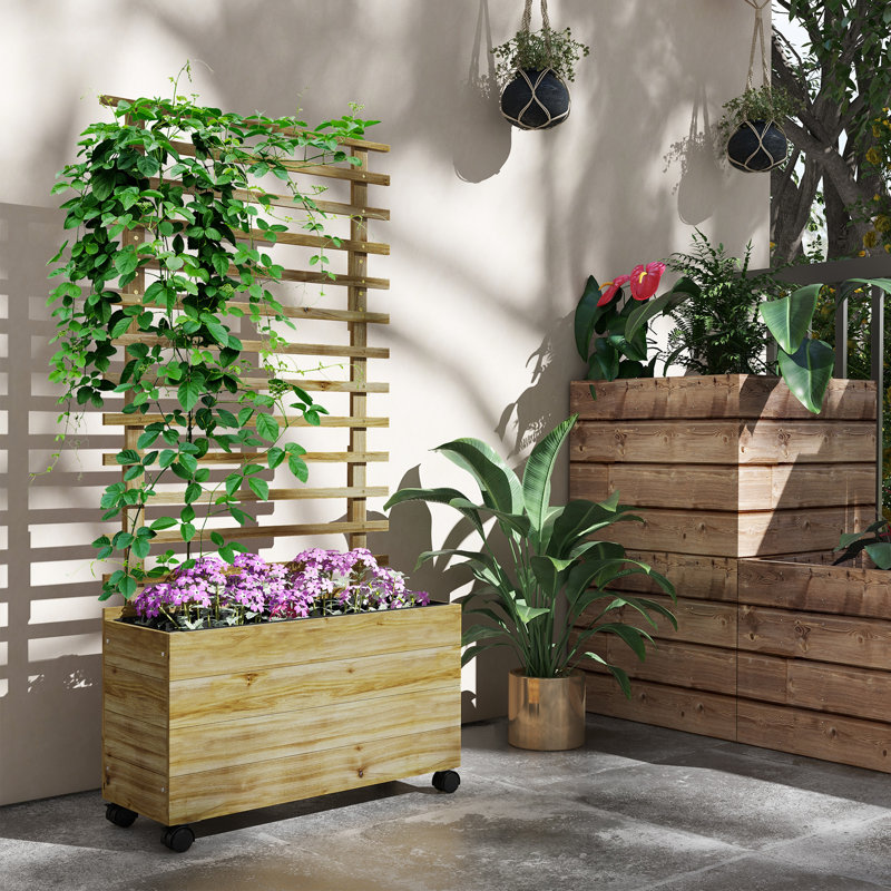 Jardinière en bois avec treillis, roues, jardin surélevé, naturel