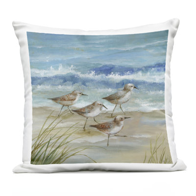 Sandpiper Gathering View Outdoor Printed Pillow design by Nan