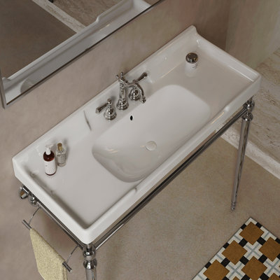 48" Bathroom Ceramic Basin With 3 Pre-Drilled Hole, No Cabinet And Faucet, White
