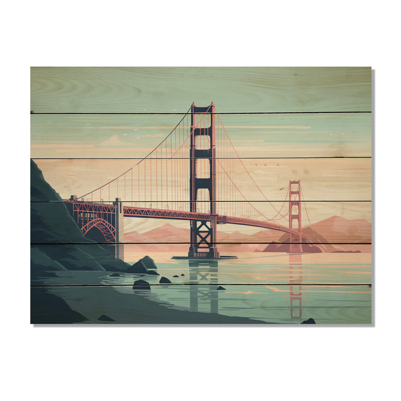 Golden Gate Bridge San Francisco II - reproduction de ville sur bois de pin naturel, H 24 po x l 32 po x P 0,78 po