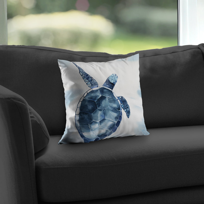 Blue Turtle Poly Twill Throw Pillow | White Aquatic Decor