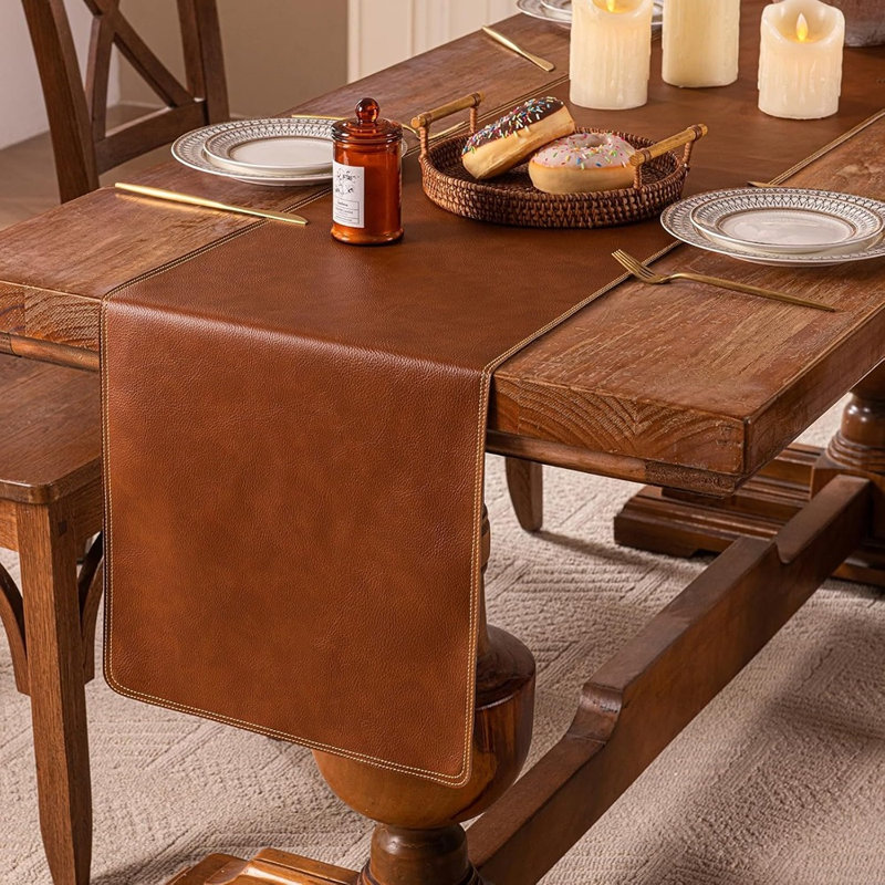 Chemin de table - Brun - Chemin de table long en cuir imperméable rétro, pour la table à manger, le salon et le décor du lit