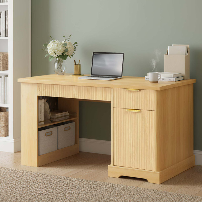 Bureau cannelé moderne de 55 po avec armoire de rangement et tiroirs, Chêne clair