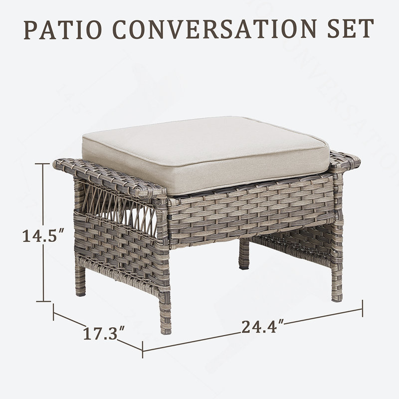 Ensemble de 2 repose-pieds d'extérieur en osier PE, coussins de patio en rotin gris avec coussins beiges pour cour ou terrasse