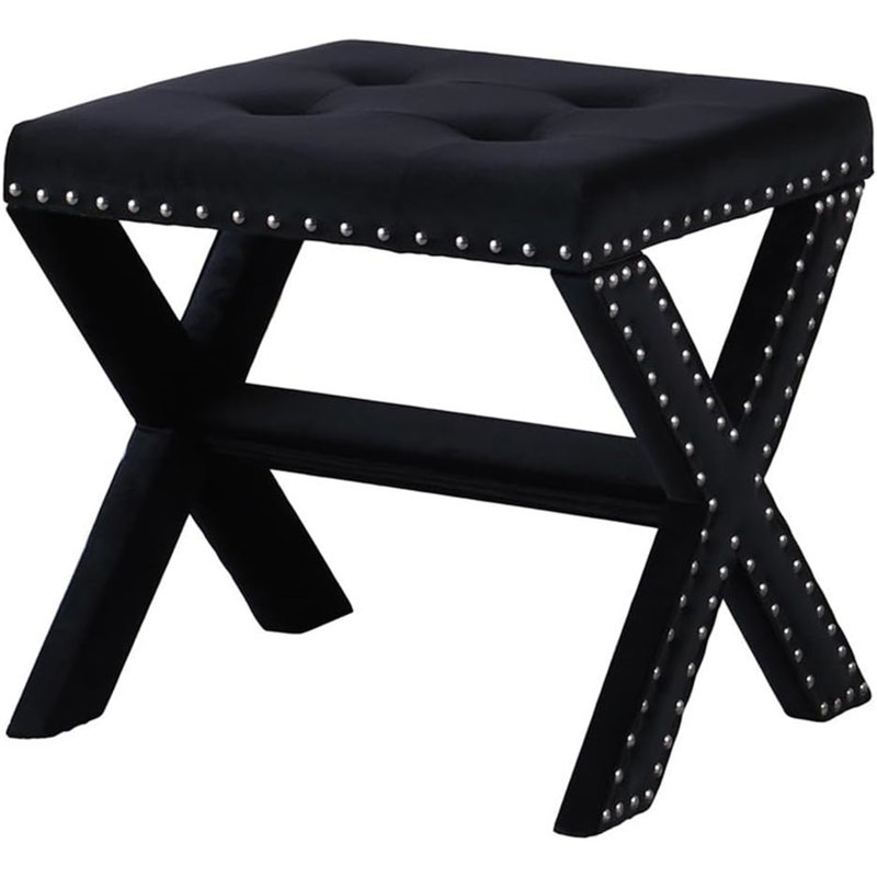 Velvet Upholstered Accent Bench With Nailhead Trim, Black Velvet