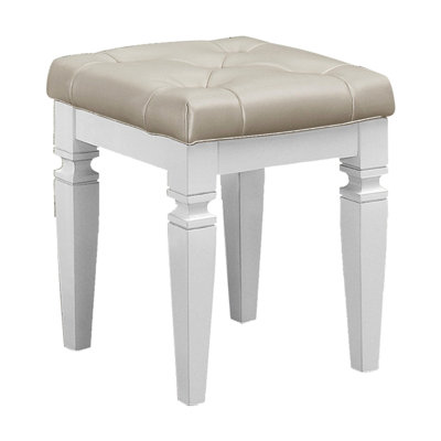 Modern Vanity Stool For Bedroom, White Finish, Foam Cushioned Button - Faux Leather, 17" Wide, 19.32" High, Wood Frame Assembly In Leather And Cushioned, 17"X17"X19.32", Bedroom