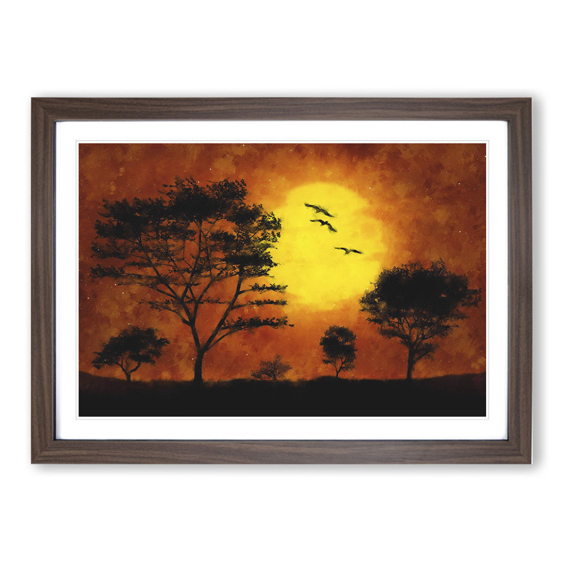 Birds and Trees at Sunset - Picture Frame Painting, 27cm H x 36cm W x 2cm D, Walnut Framed